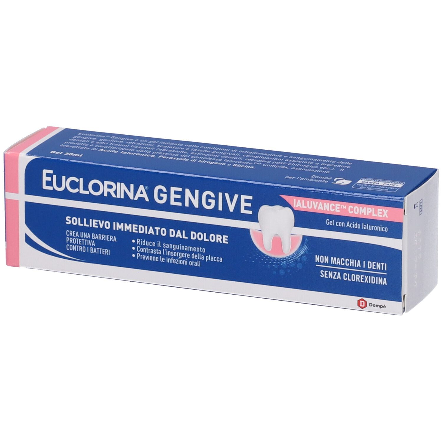 Scatola blu e rosa con nome prodotto e illustrazione dente. Testo: Sollievo immediato dal dolore, riduce sanguinamento.