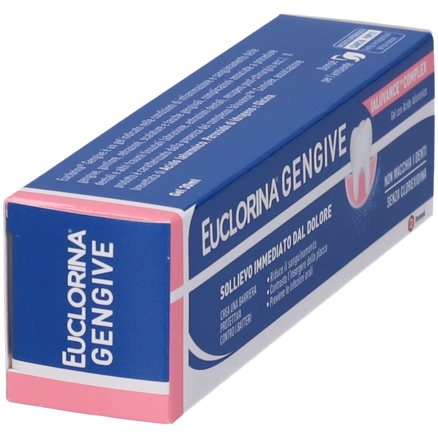 Scatola con nome prodotto e illustrazione dente. Testo: Sollievo immediato dal dolore, riduce sanguinamento, previene infezioni.