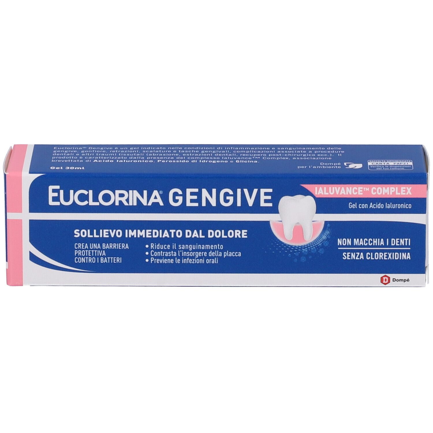 Scatola blu e rosa con nome prodotto e illustrazione dente. Testo: Sollievo immediato dal dolore, riduce sanguinamento.