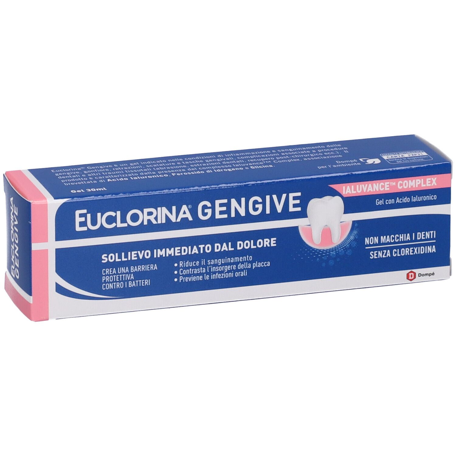 Scatola blu e rosa con nome prodotto e illustrazione dente. Testo: Sollievo immediato dal dolore, riduce sanguinamento.