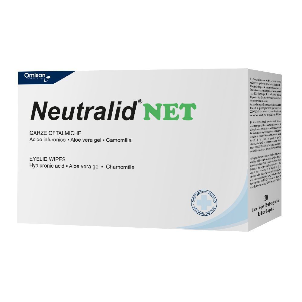 Confezione bianca di Neutralid NET. Scritta: GARZE OFTALMICHE, EYELID WIPES. Contiene acido ialuronico, gel di aloe vera e camomilla.