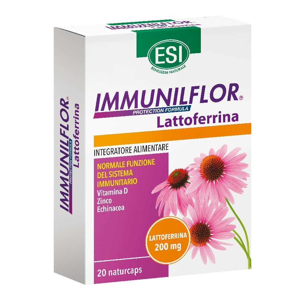 Scatola bianca con nome del prodotto e illustrazioni di fiori rosa. Contiene 20 capsule.