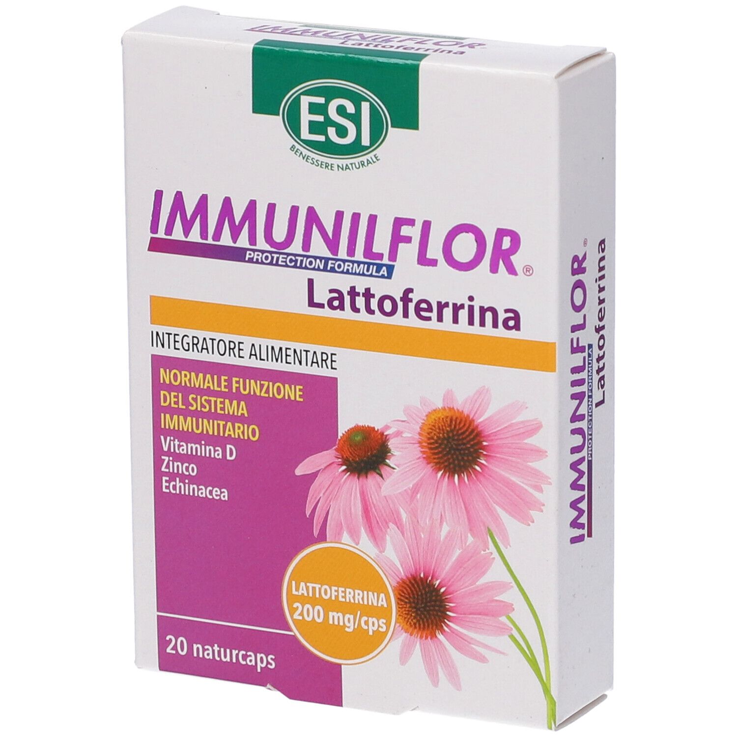 Scatola bianca con nome del prodotto e illustrazioni di fiori rosa. Contiene 20 capsule.
