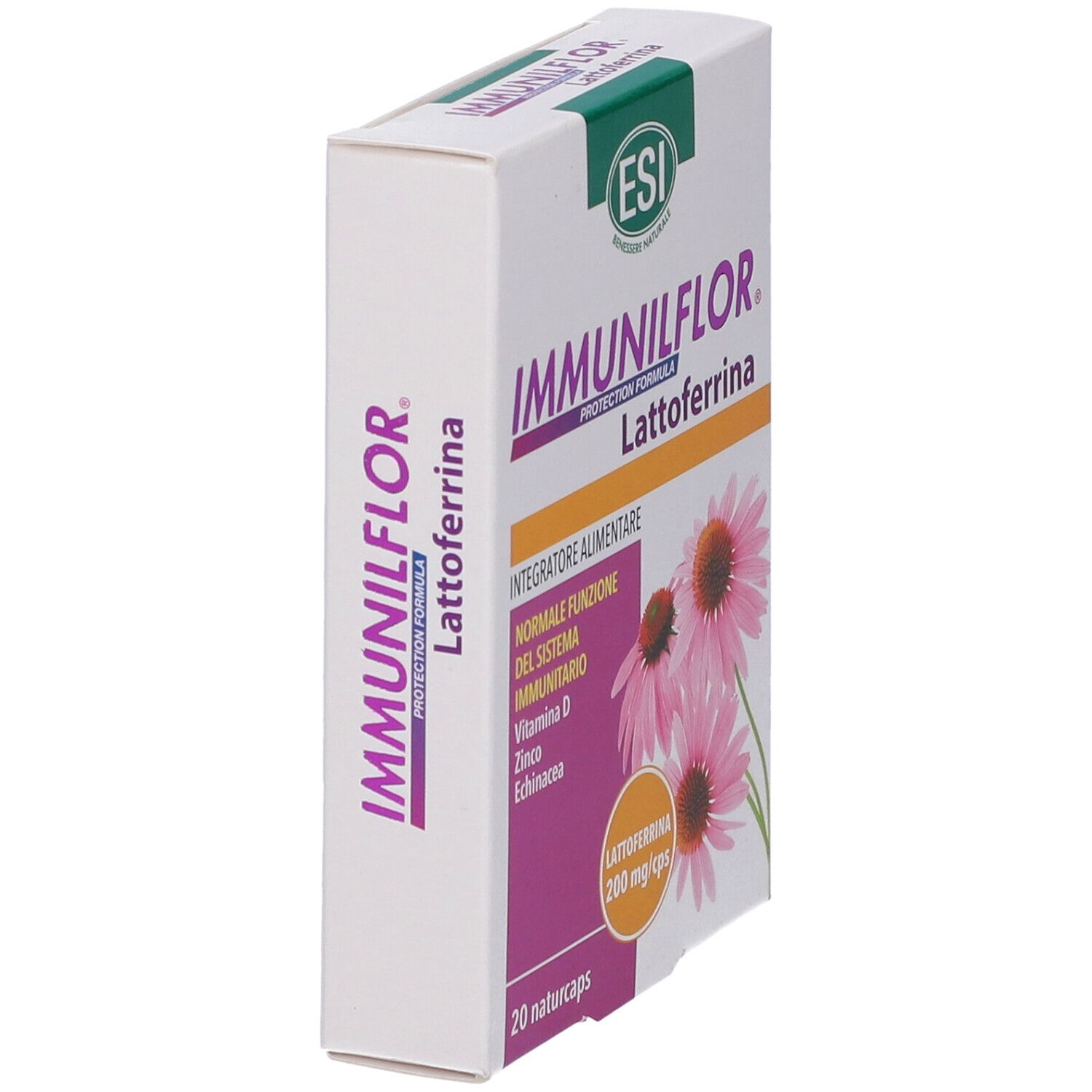 Scatola bianca con nome del prodotto e illustrazioni di fiori rosa. Contiene 20 capsule.