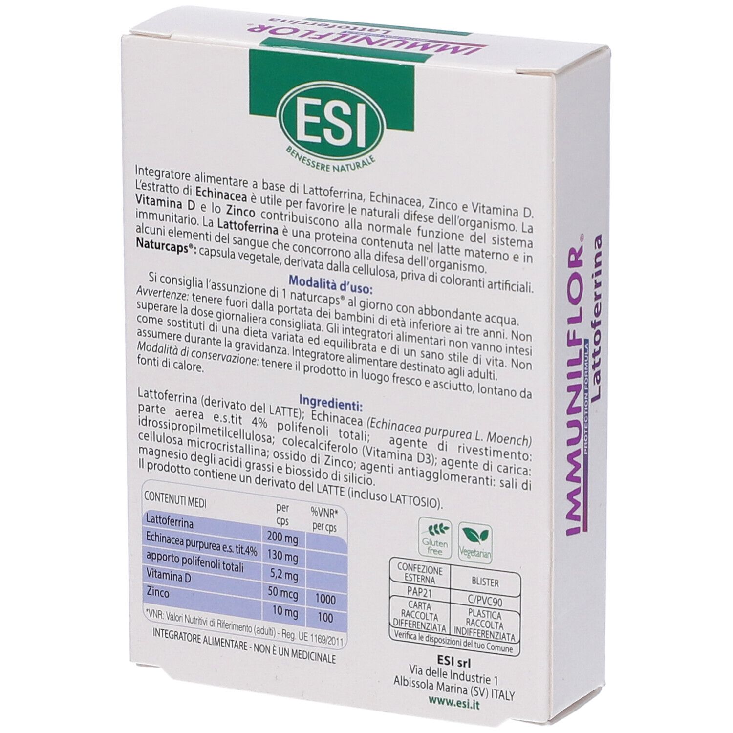 Confezione del prodotto con testo e informazioni. Retro con ingredienti e raccomandazioni.
