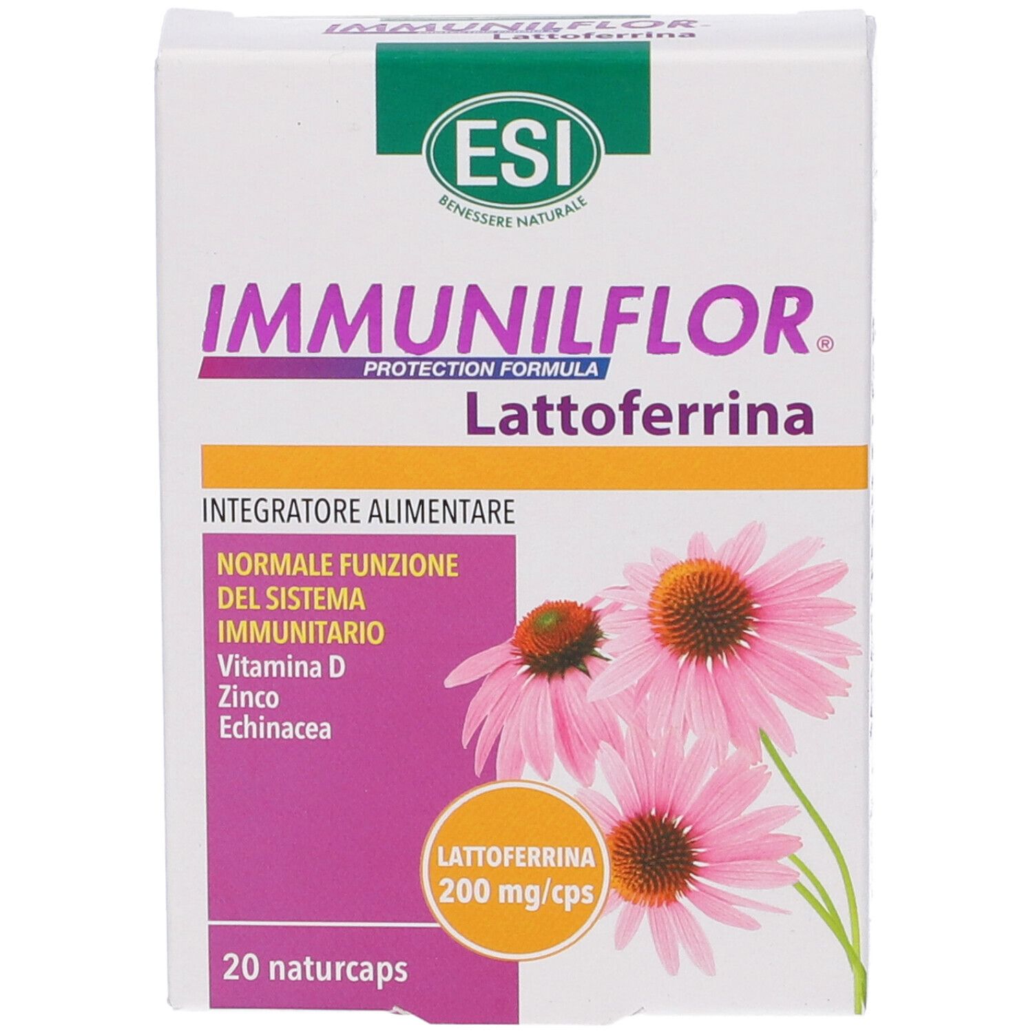 Scatola bianca con nome del prodotto e illustrazioni di fiori rosa. Contiene 20 capsule.
