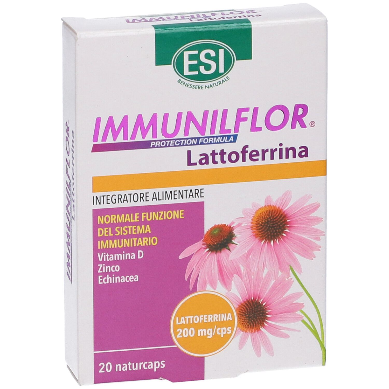 Scatola bianca con nome del prodotto e illustrazioni di fiori rosa. Contiene 20 capsule.