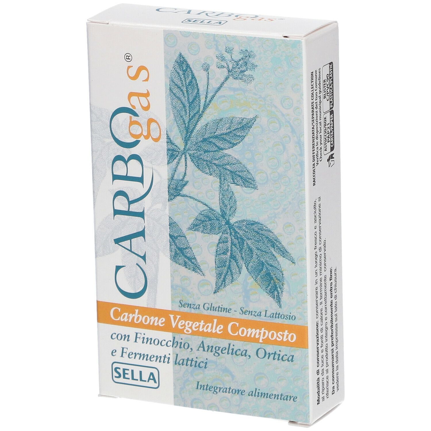 Scatola CARBOGas, con testo in italiano. Ingredienti e marchio SELLA visibili. Sfondo bianco, vista angolata.