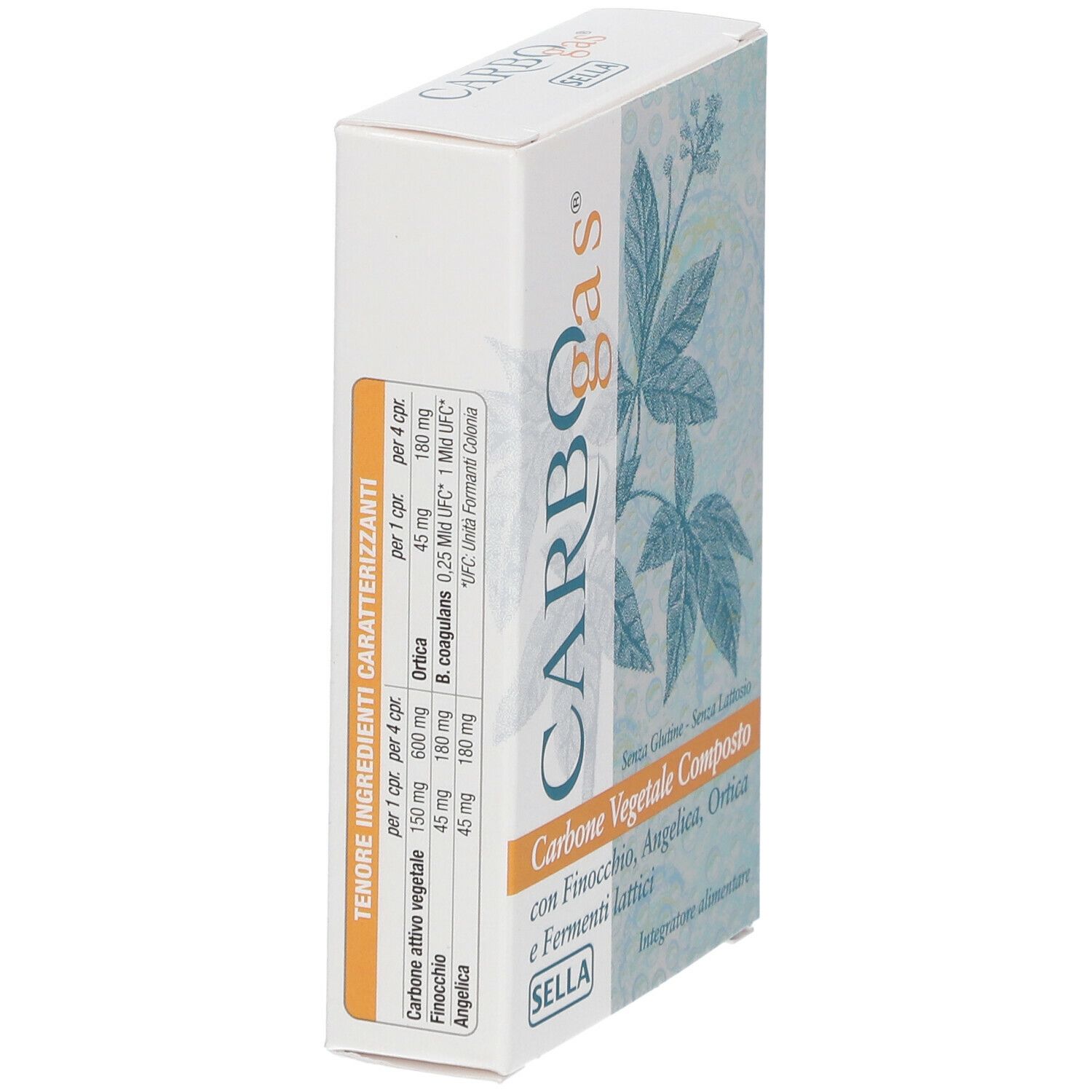 Scatola CARBOGas, vista laterale. Ingredienti e informazioni nutrizionali. Marchio SELLA. Sfondo bianco.