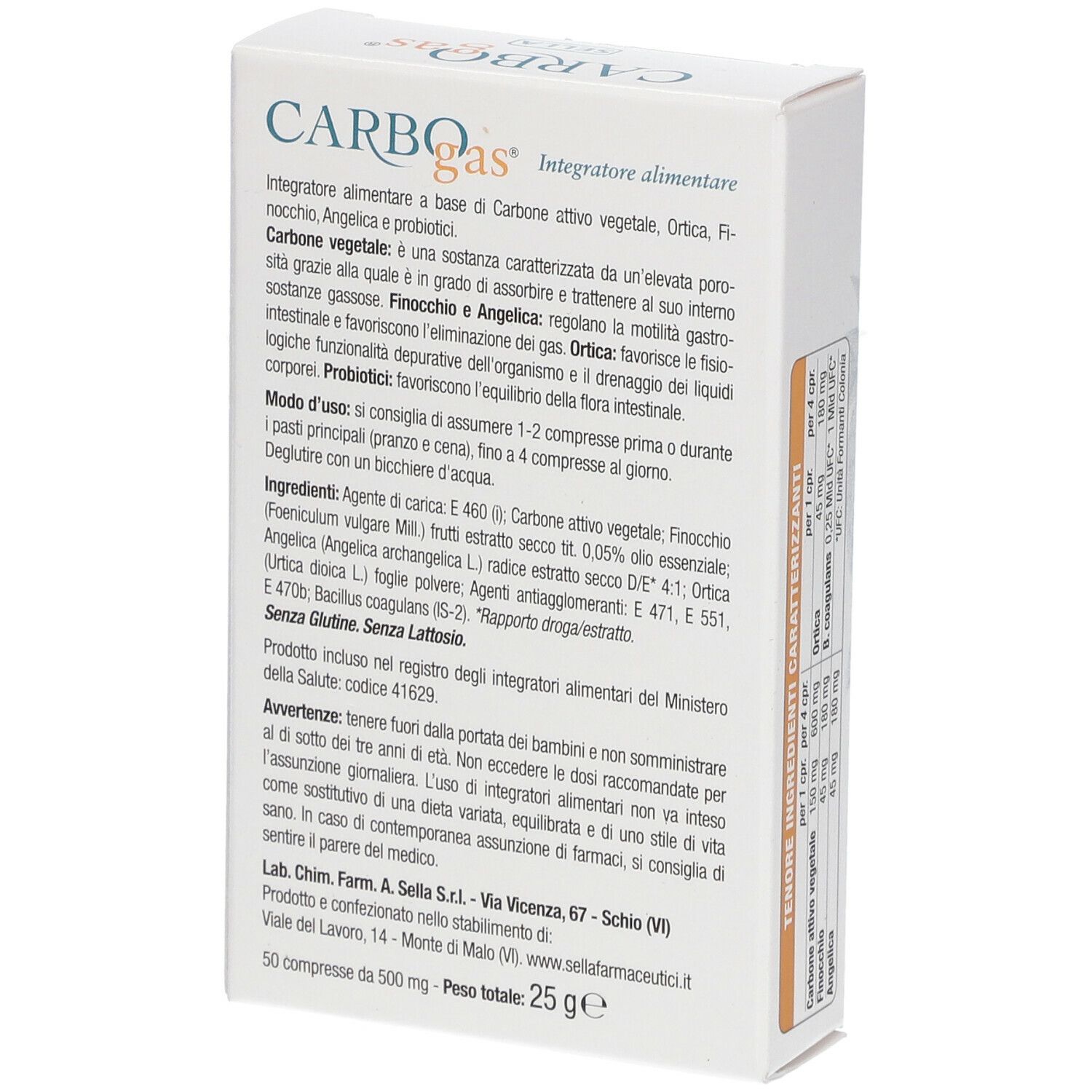 Scatola CARBOGas con testo in italiano. Ingredienti, istruzioni per l'uso. Marchio SELLA. Sfondo bianco.