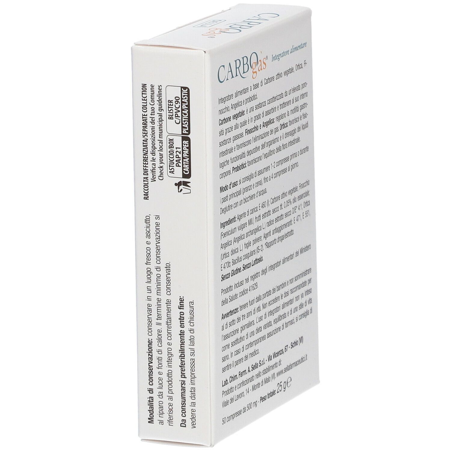 Scatola CARBOGas con testo in italiano. Ingredienti, istruzioni per l'uso. Marchio SELLA. Sfondo bianco.