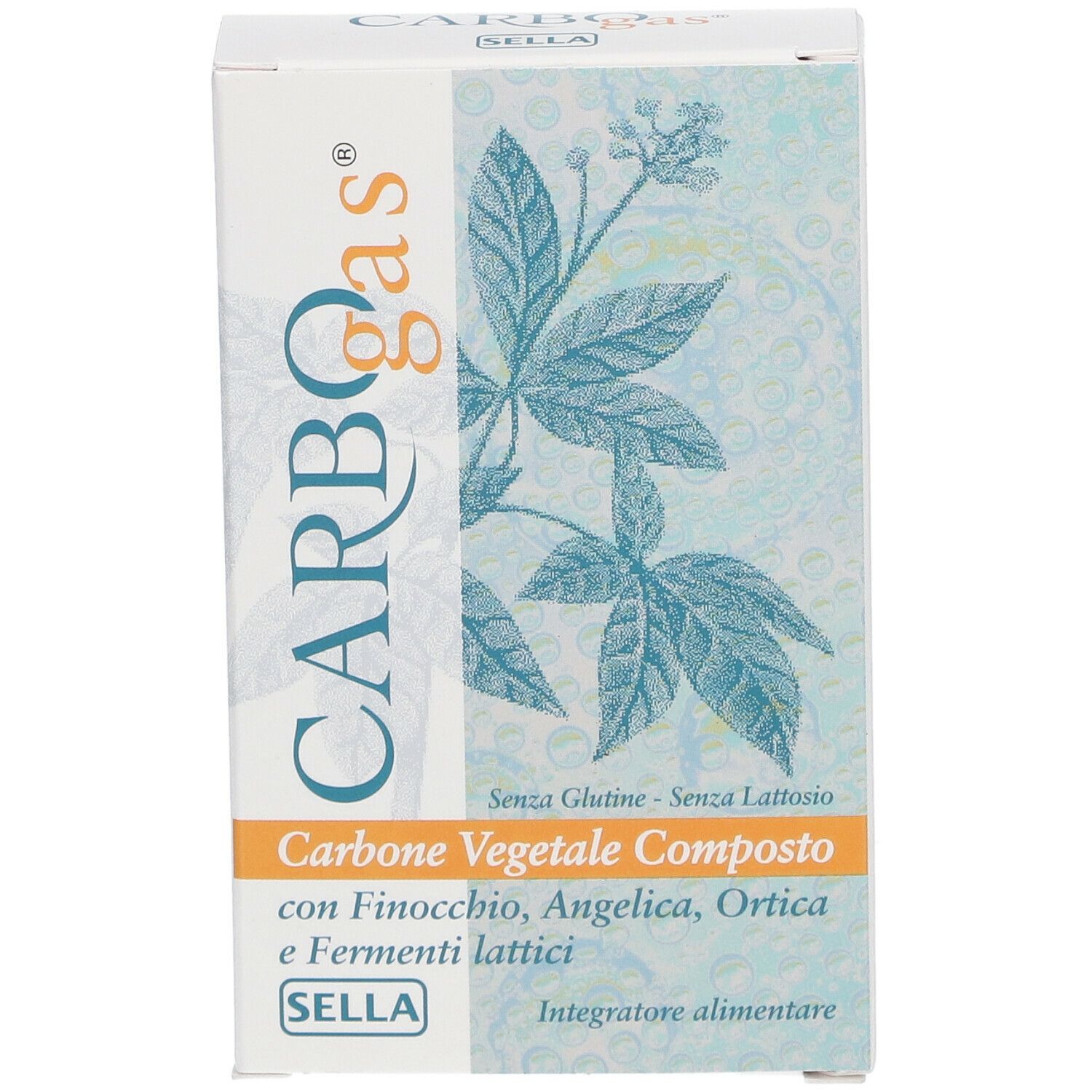 Scatola CARBOGas con nome e ingredienti. Marchio SELLA. Sfondo bianco.
