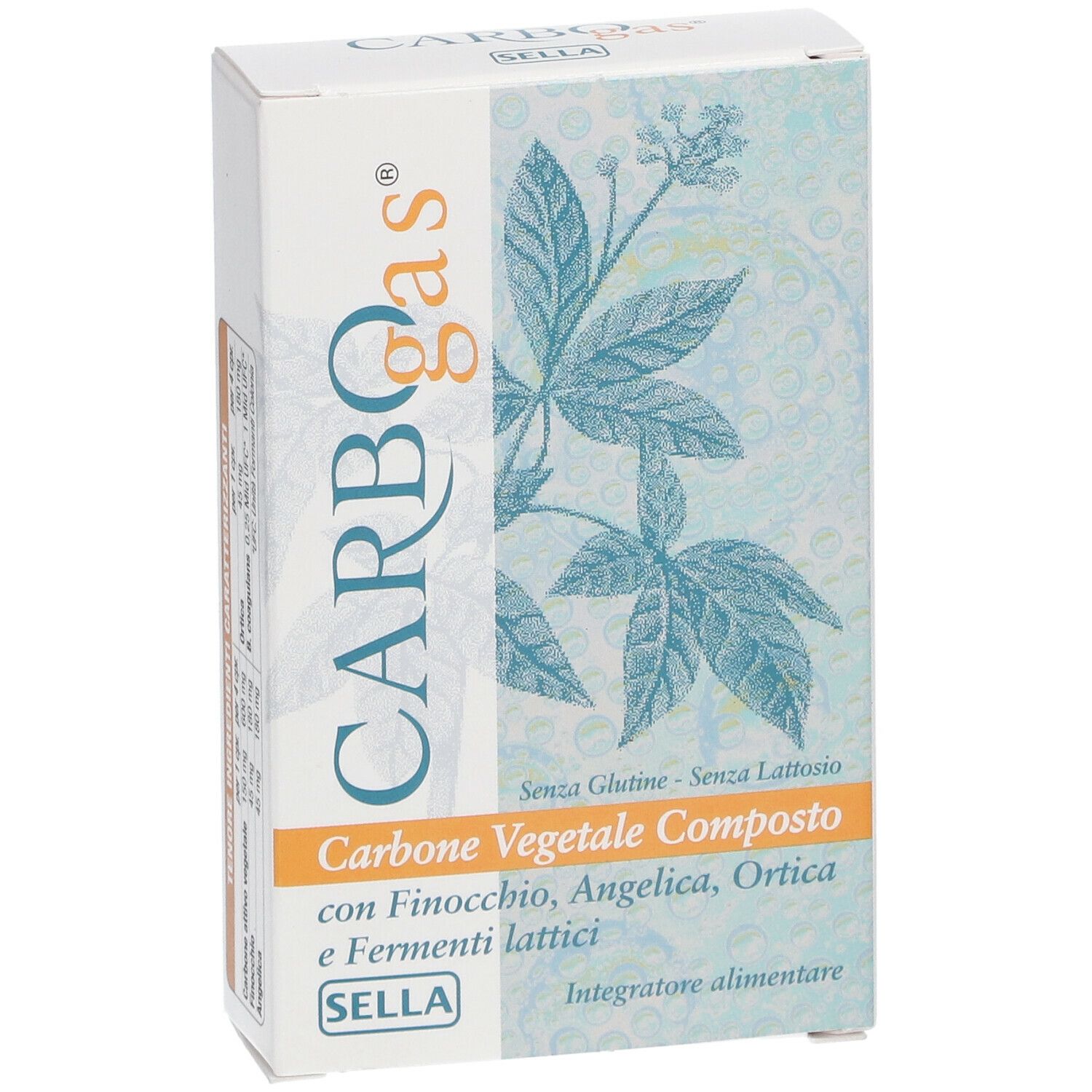 Scatola CARBOGas con nome e ingredienti. Marchio SELLA. Sfondo bianco.