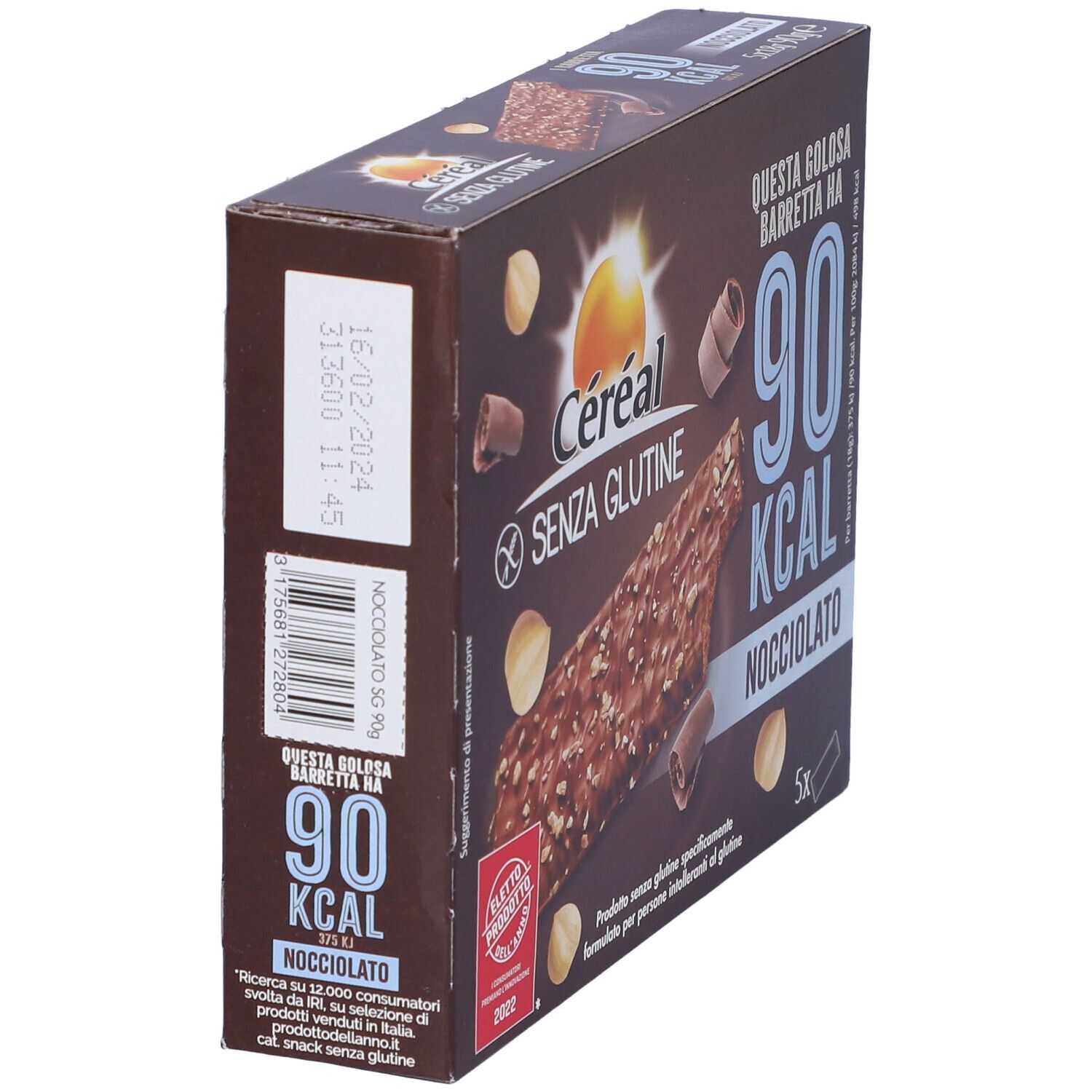 Scatola Céréal senza glutine, 90 kcal Nocciolato. Vista laterale. Codice a barre e data di scadenza visibili.