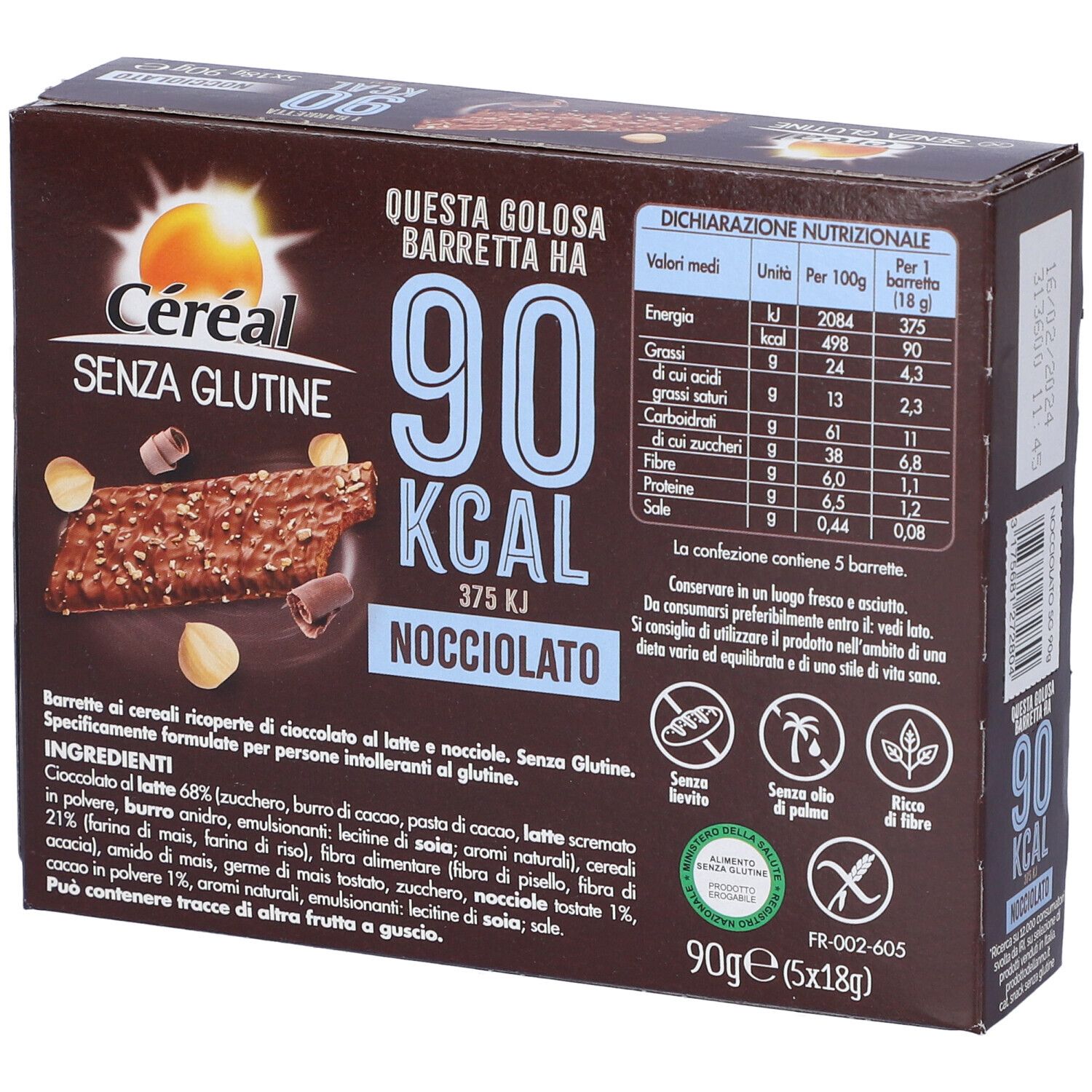 Scatola Céréal senza glutine, 90 kcal Nocciolato. Informazioni nutrizionali e lista ingredienti sul retro.
