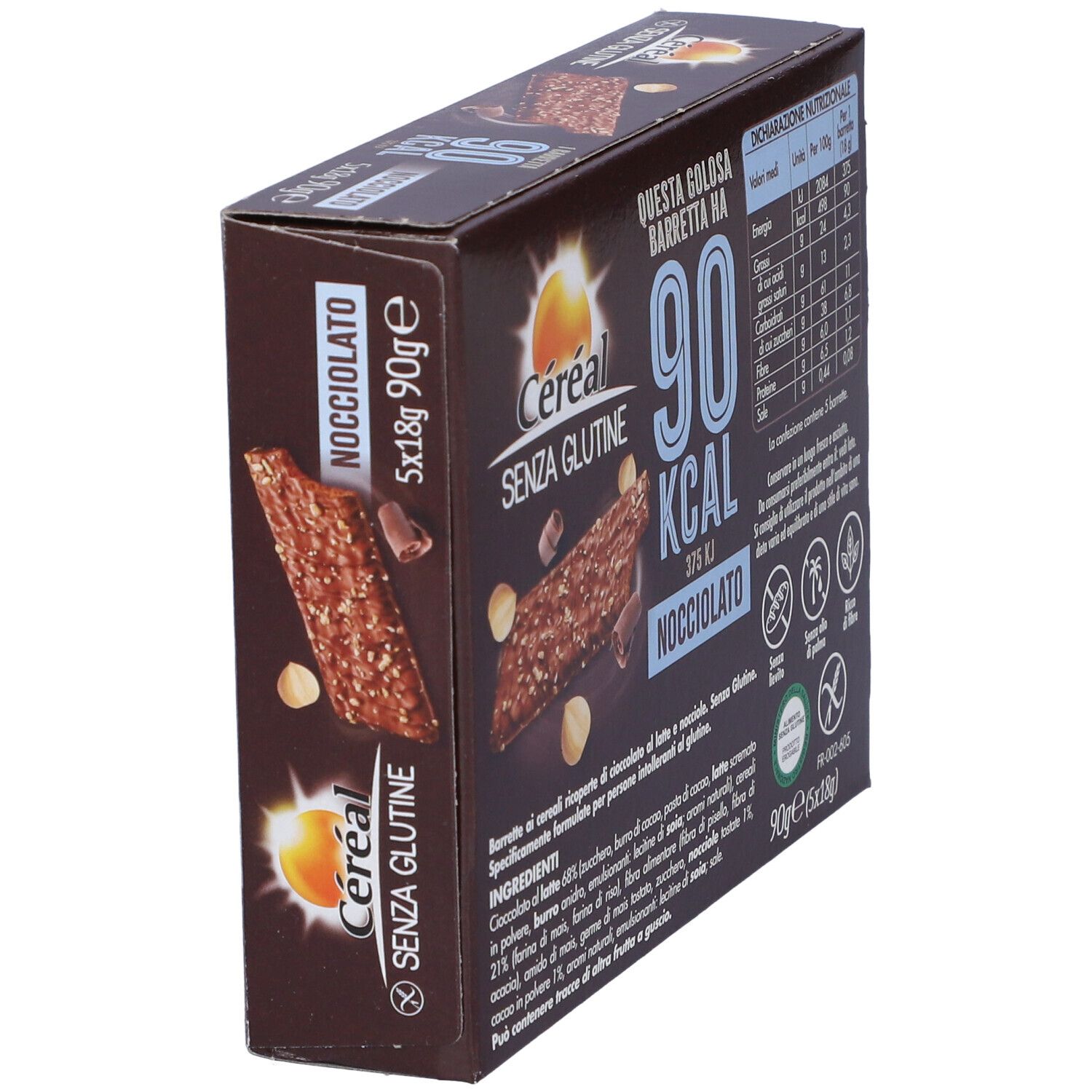 Scatola Céréal senza glutine, 90 kcal Nocciolato. Vista laterale con informazioni nutrizionali e ingredienti.