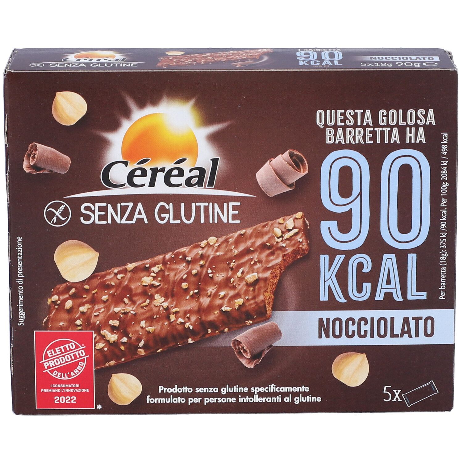 Scatola Céréal senza glutine, 90 kcal Nocciolato. Barretta con nocciole e cioccolato. Certificazione.