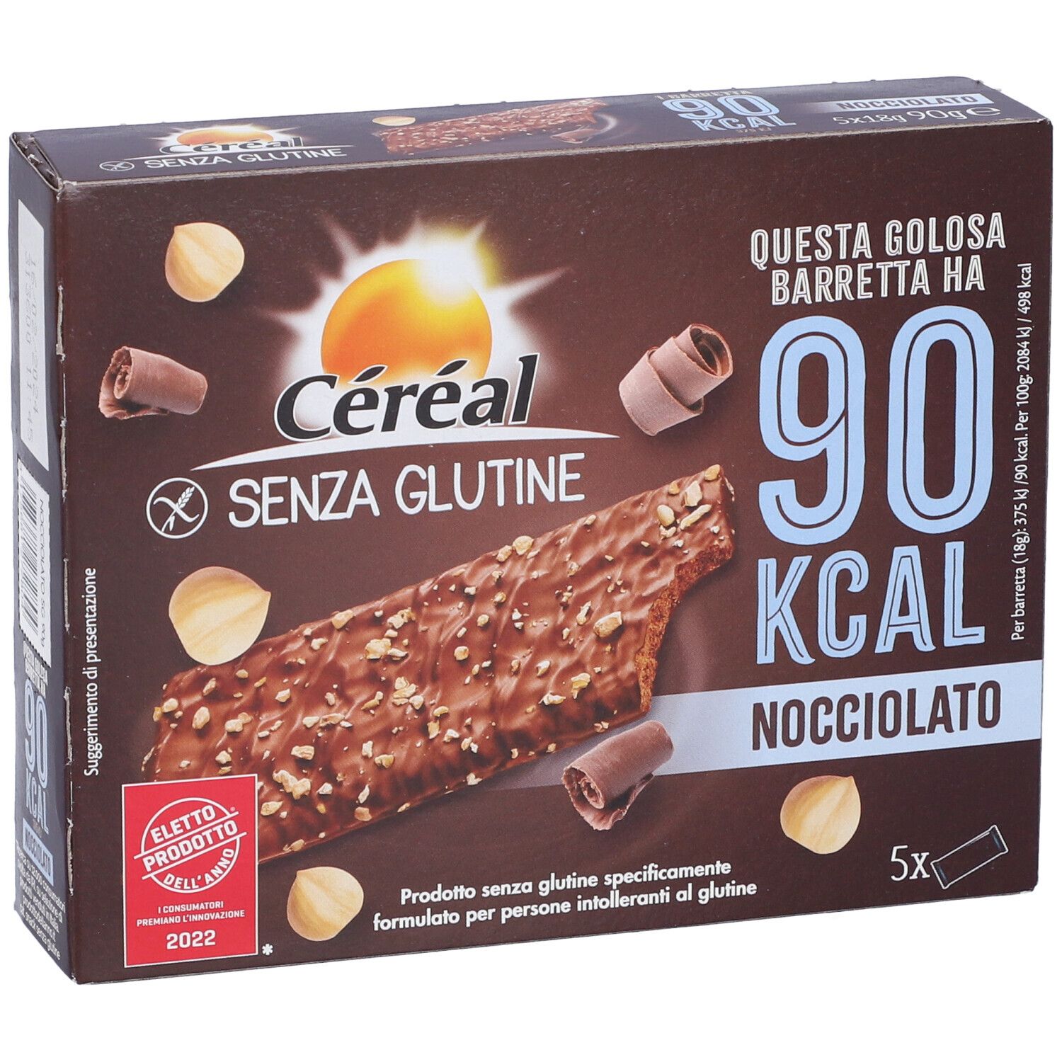 Scatola Céréal senza glutine, 90 kcal Nocciolato. Barretta con nocciole e cioccolato. 5 pezzi.