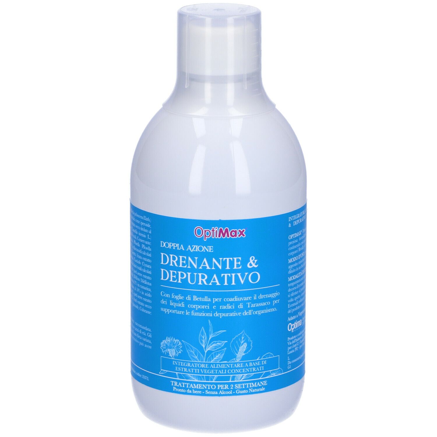Bottiglia bianca con etichetta blu. OptiMax Drenante & Depurativo. Testo in italiano. Tappo e bottiglia in plastica.