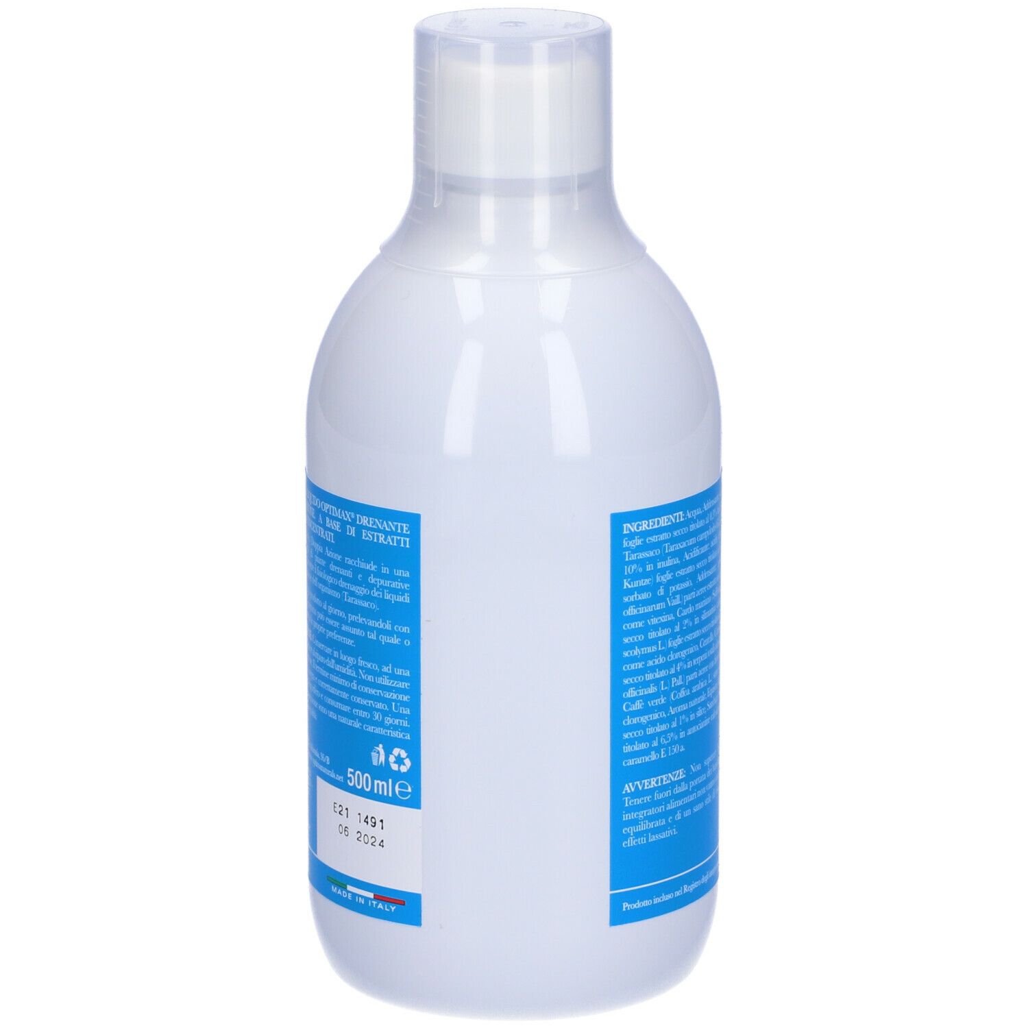Bottiglia bianca con etichetta blu. OptiMax Drenante & Depurativo. Testo in italiano. 500ml. Vista posteriore.