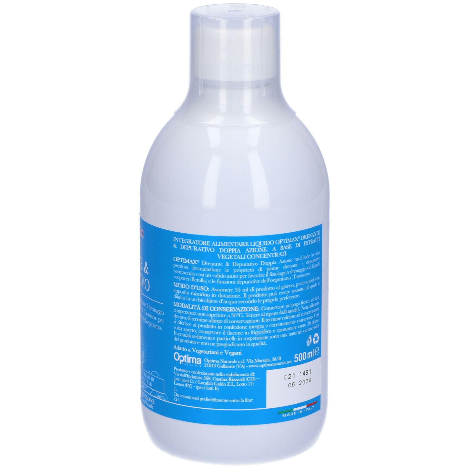 Bottiglia bianca con etichetta blu. OptiMax Drenante & Depurativo. Testo in italiano. 500ml. Istruzioni per l'uso.