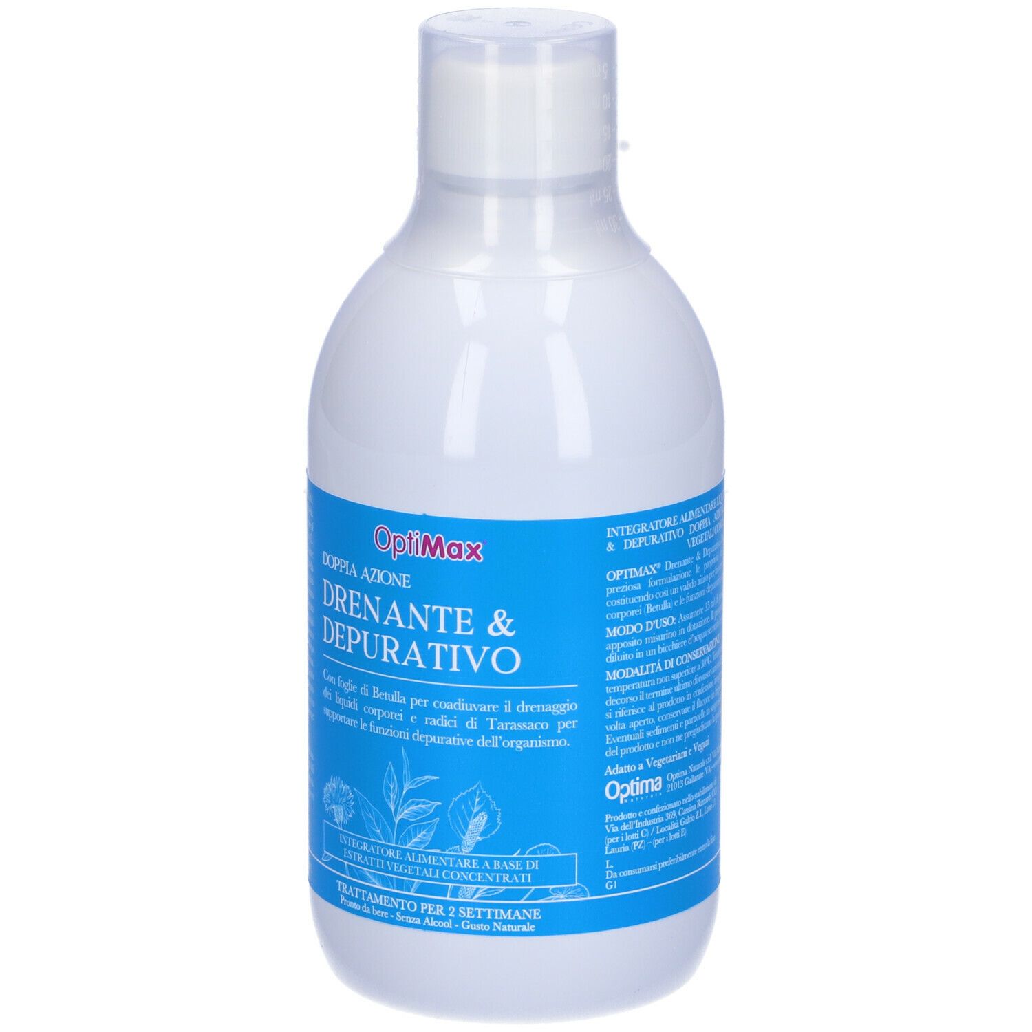 Bottiglia bianca con etichetta blu. OptiMax Drenante & Depurativo. Testo in italiano. 500ml. Vista frontale.