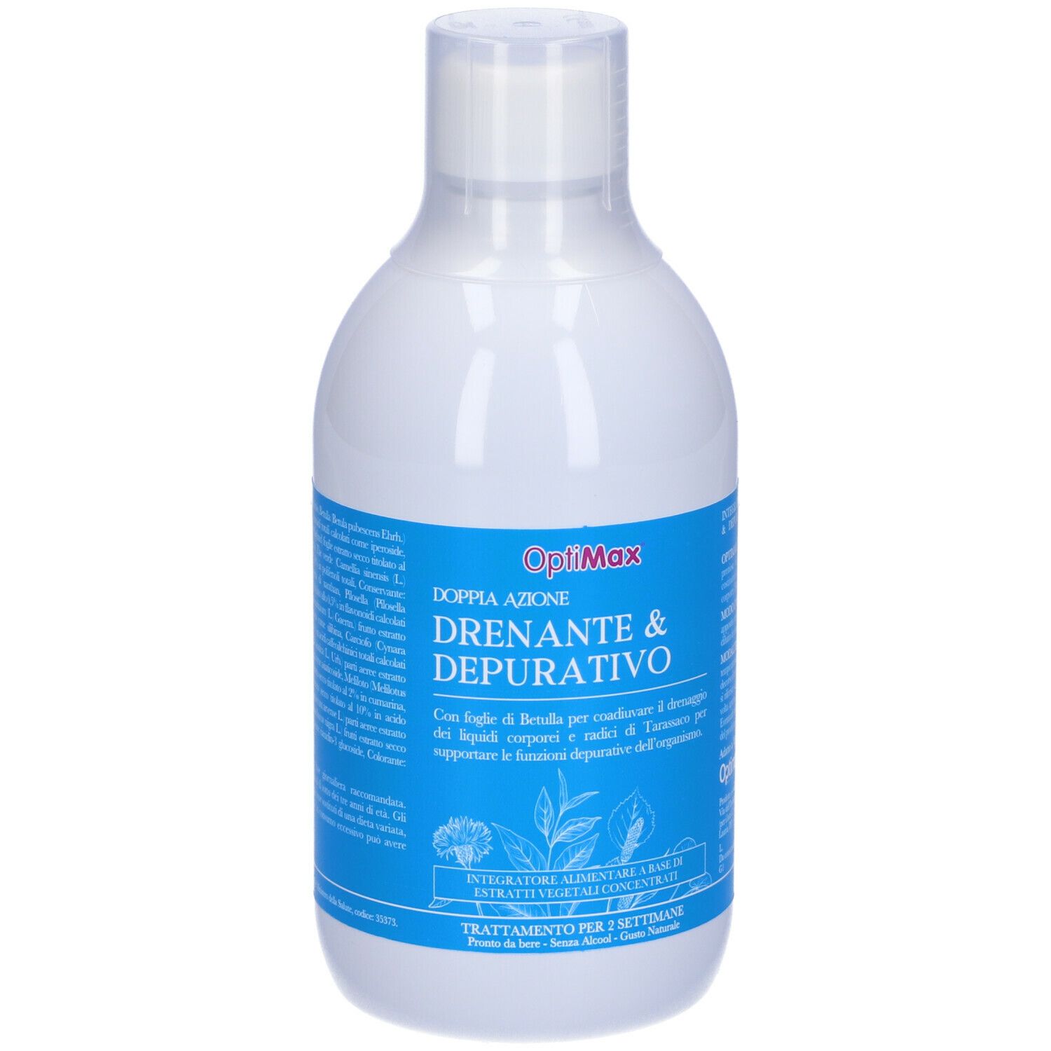 Bottiglia bianca con etichetta blu. OptiMax Drenante & Depurativo. Testo in italiano. 500ml. Vista frontale.