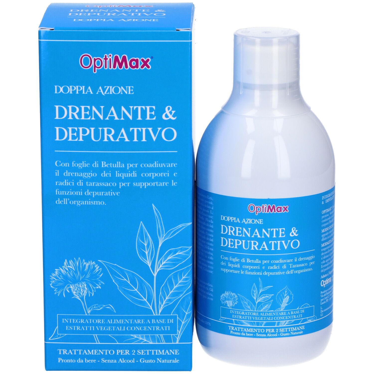 Bottiglia e scatola OptiMax Drenante & Depurativo. Confezione blu con informazioni in italiano.