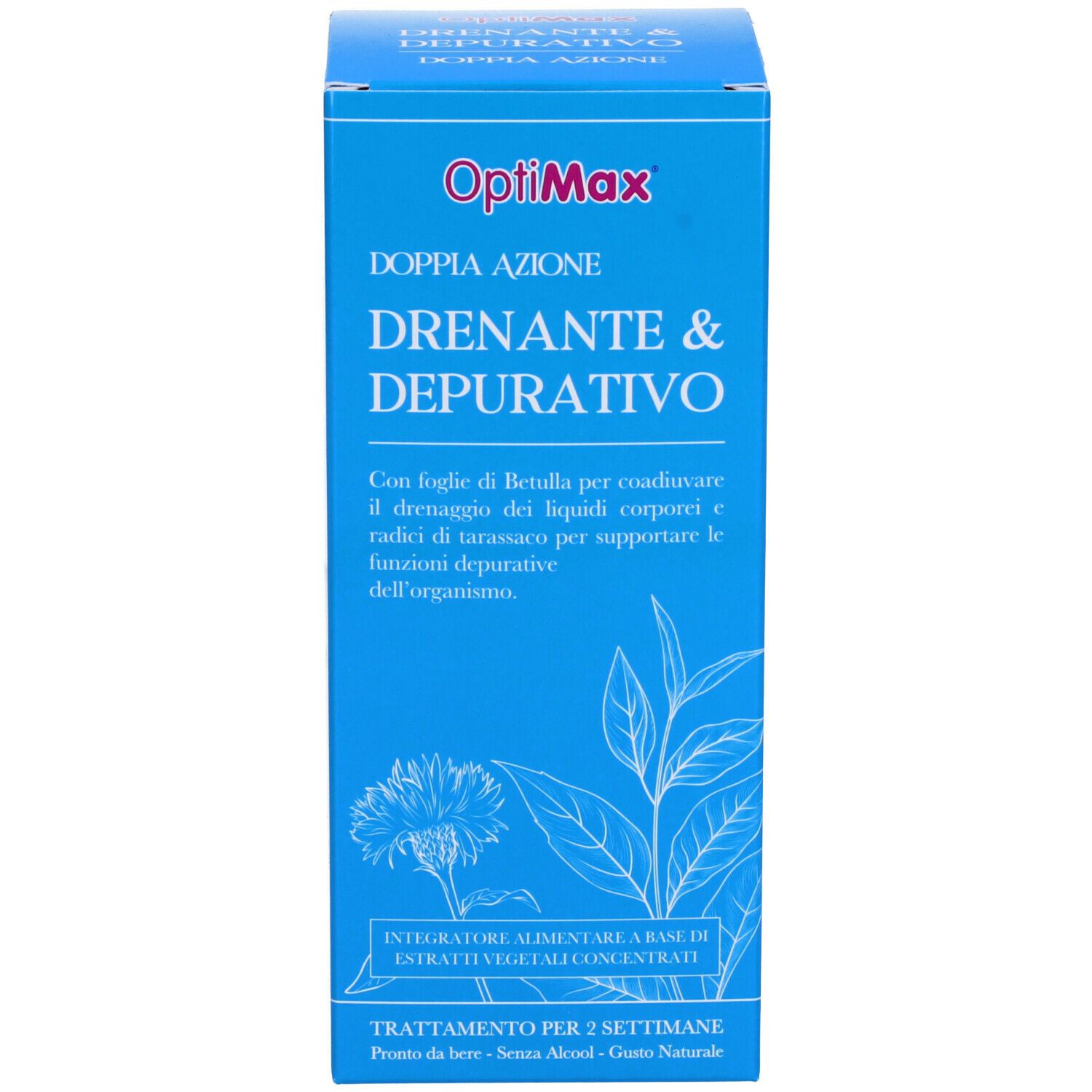 Scatola blu con OptiMax Drenante & Depurativo. Informazioni in italiano. Vista frontale.