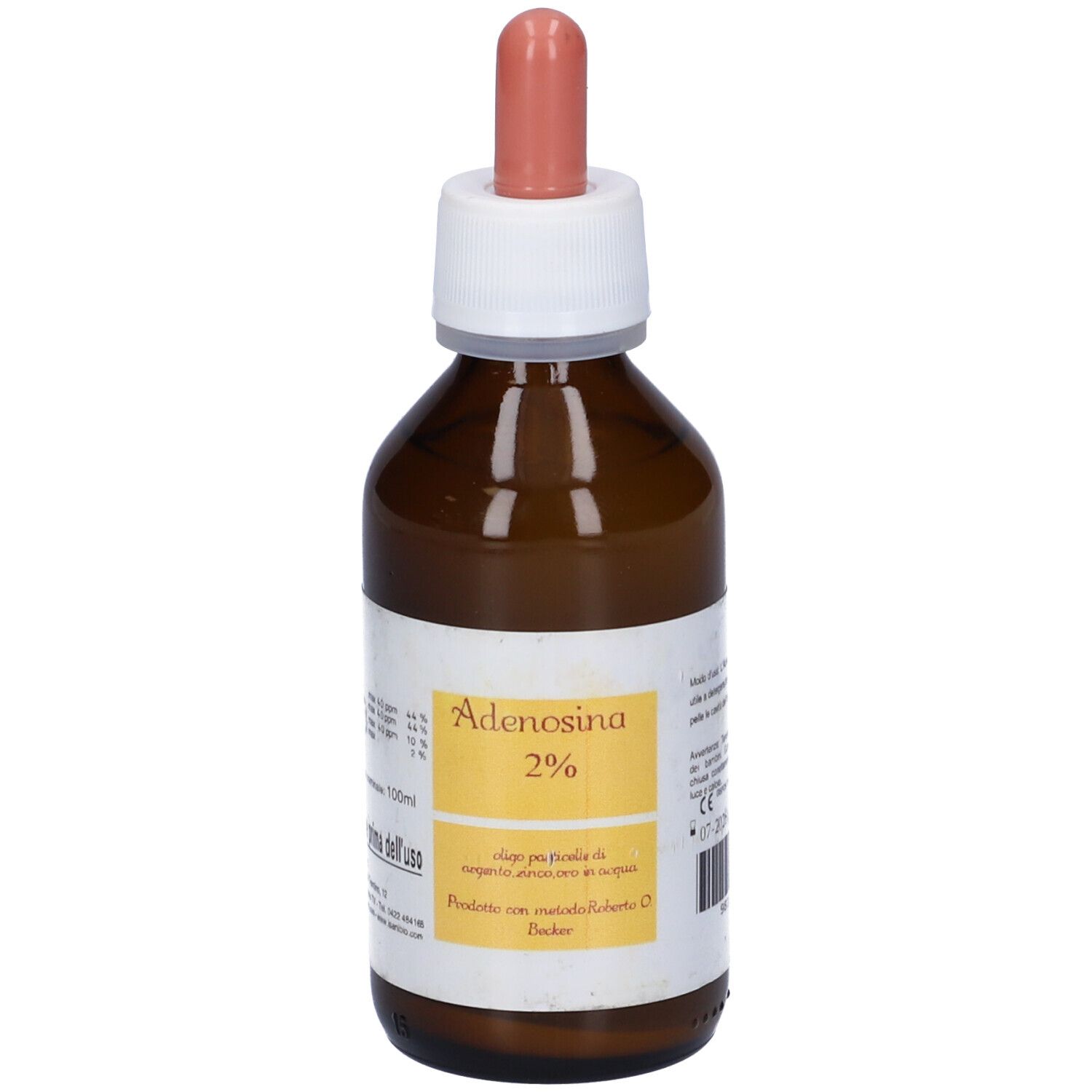 Flacone di vetro marrone con tappo bianco e contagocce rosa. Etichetta con informazioni sul prodotto. Scritta: Adenosina 2%.