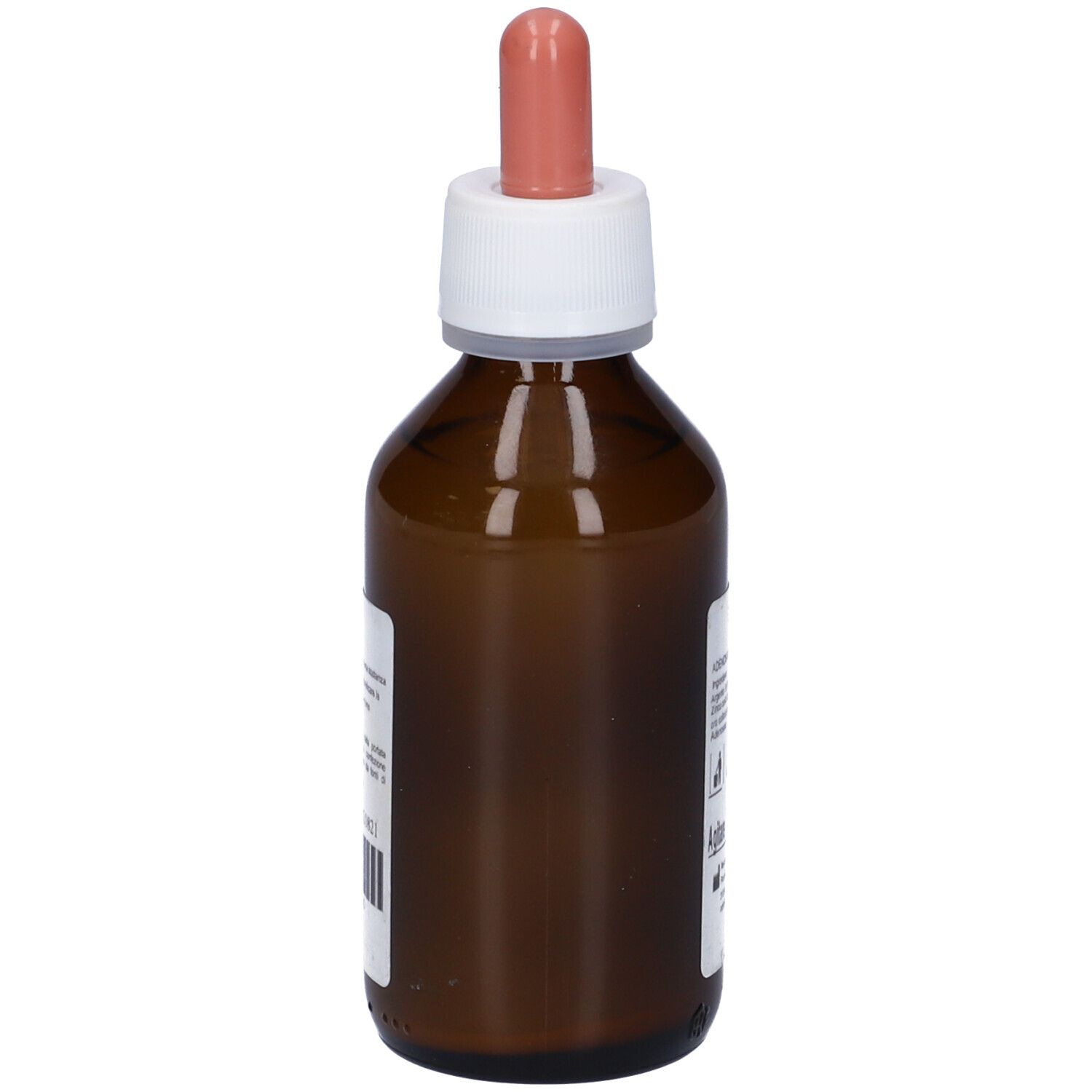 Flacone di vetro marrone con tappo bianco e contagocce rosa. Etichetta con informazioni sul prodotto. Vista posteriore del prodotto.