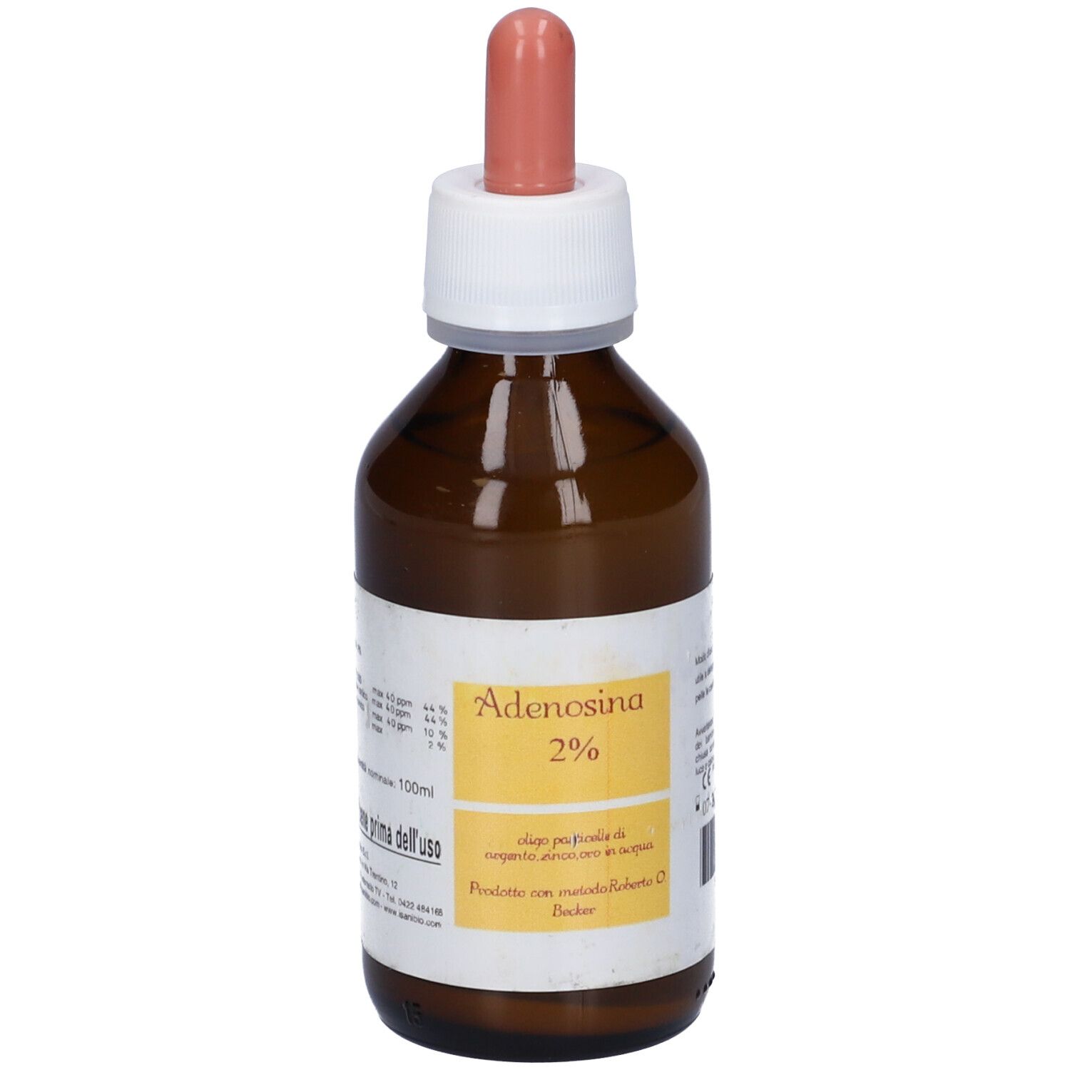Flacone di vetro marrone con tappo bianco e contagocce rosa. Etichetta con informazioni sul prodotto. Scritta: Adenosina 2%.