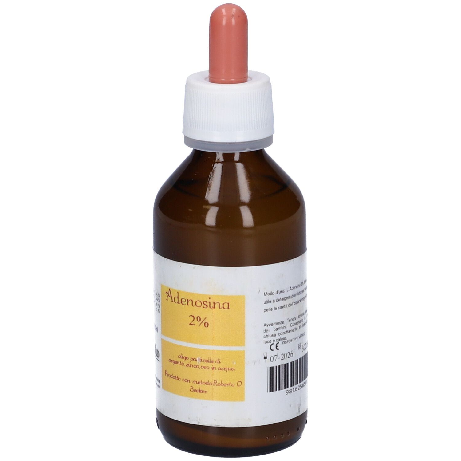 Flacone di vetro marrone con tappo bianco e contagocce rosa. Etichetta con informazioni sul prodotto. Scritta: Adenosina 2%.