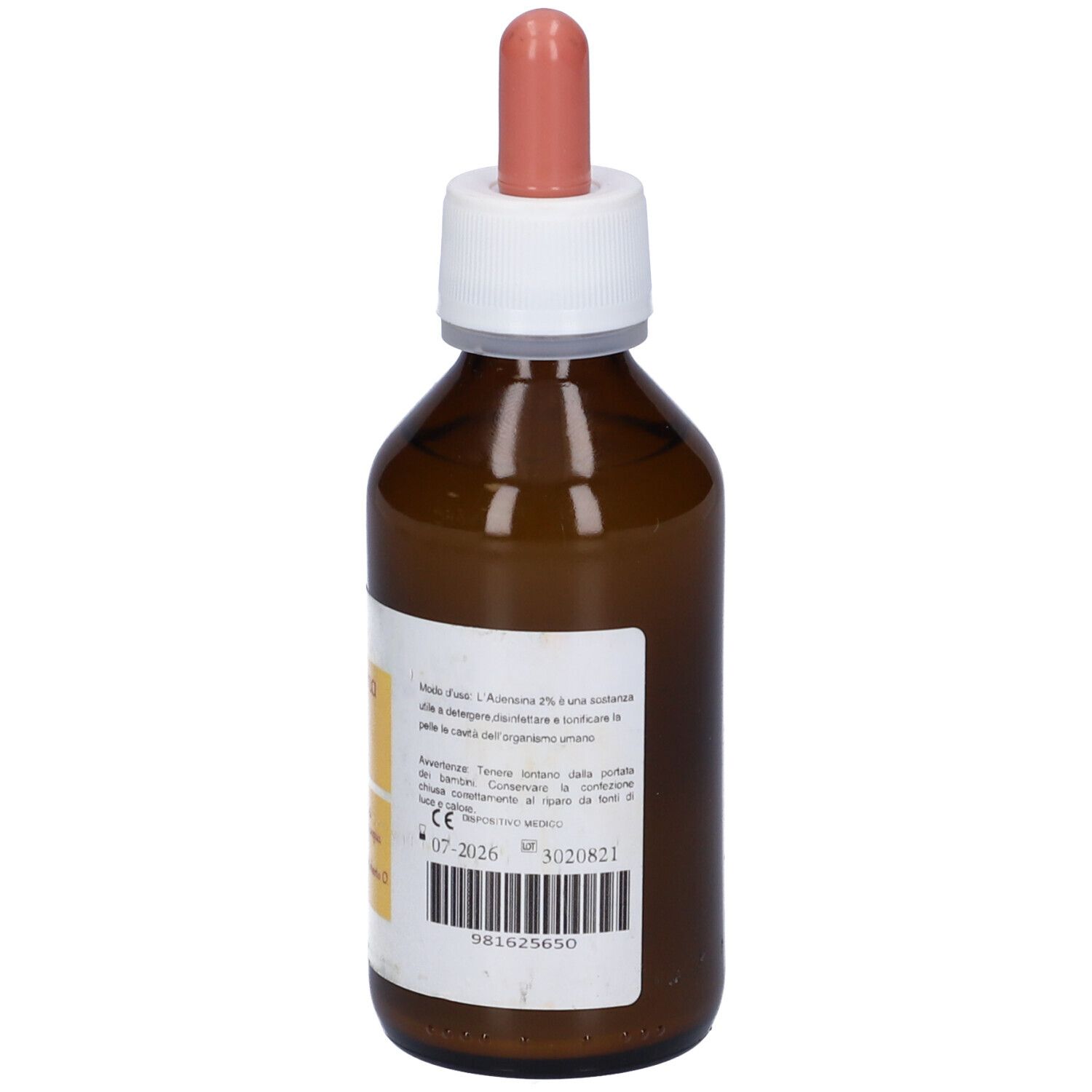 Flacone di vetro marrone con tappo bianco e contagocce rosa. Etichetta con informazioni sul prodotto. Scritta: Adenosina 2%.