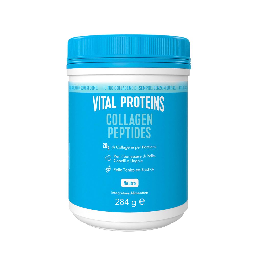Barattolo bianco e blu con coperchio blu. Scritta: Vital Proteins Collagen Peptides. 284 g. Neutro.