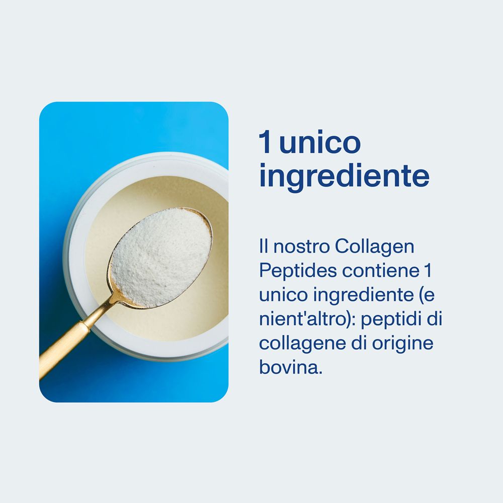 Cucchiaio dorato con polvere in un barattolo. Testo: 1 ingrediente. Peptidi di collagene da collagene bovino.