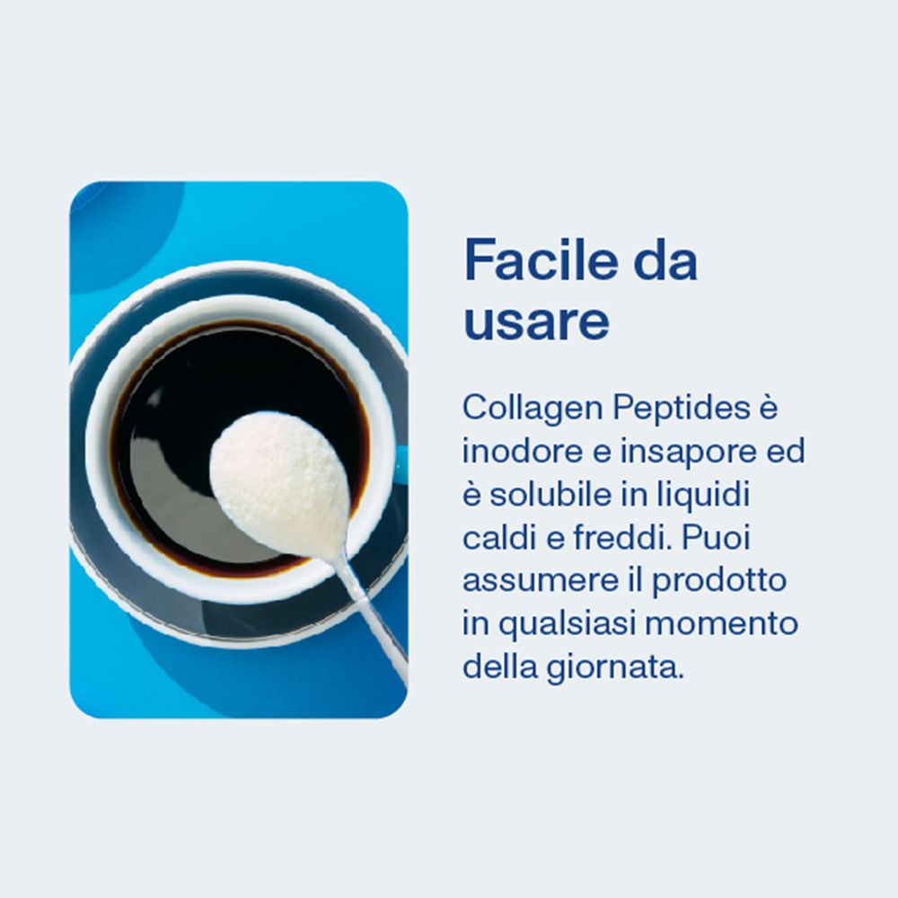 Cucchiaio con polvere sopra una tazza di caffè. Testo: Facile da usare. Inodore e insapore.