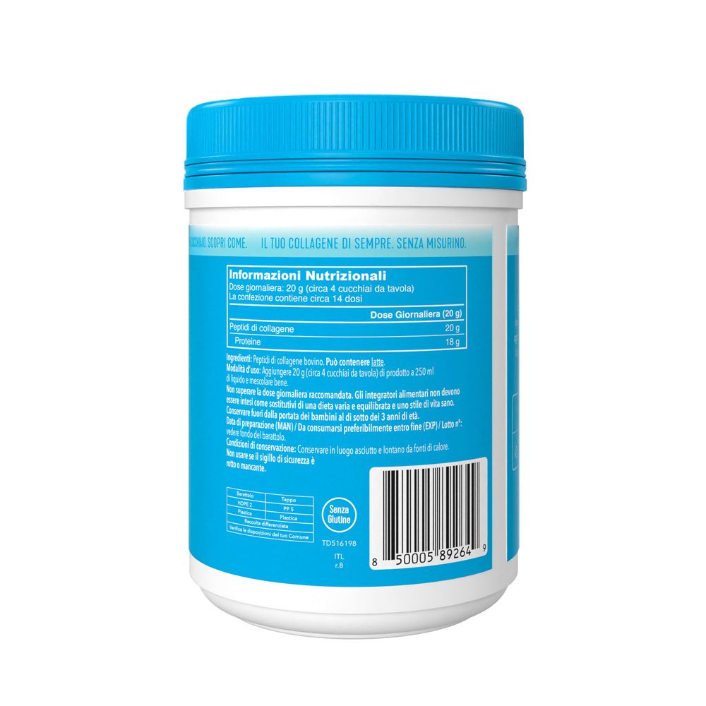 Retro del barattolo. Testo: Informazioni nutrizionali. 20g di collagene per porzione. 14 porzioni.