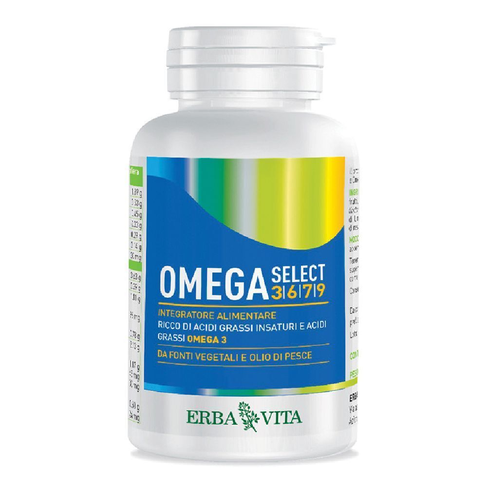 Flacone bianco con capsule. Etichetta "OMEGA SELECT 3|6|7|9" e "ERBA VITA".