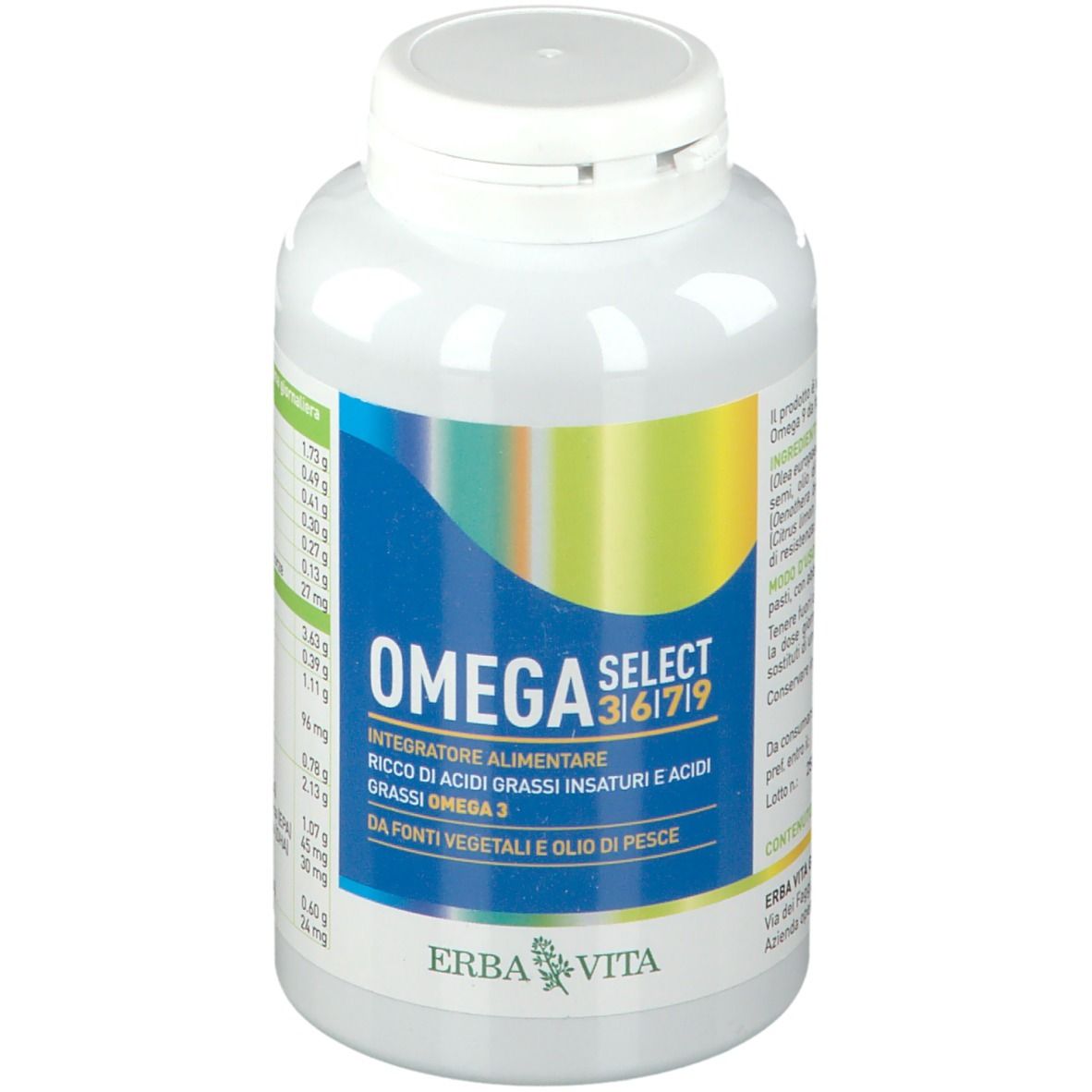 Flacone bianco con capsule. Etichetta "OMEGA SELECT 3|6|7|9" e "ERBA VITA".
