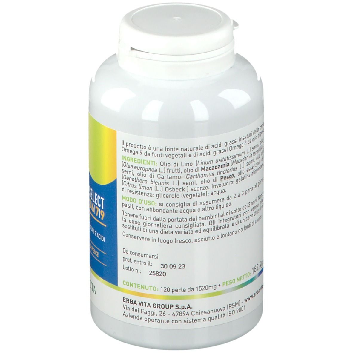 Retro di un flacone bianco con capsule. Testo con ingredienti e istruzioni per l'uso.