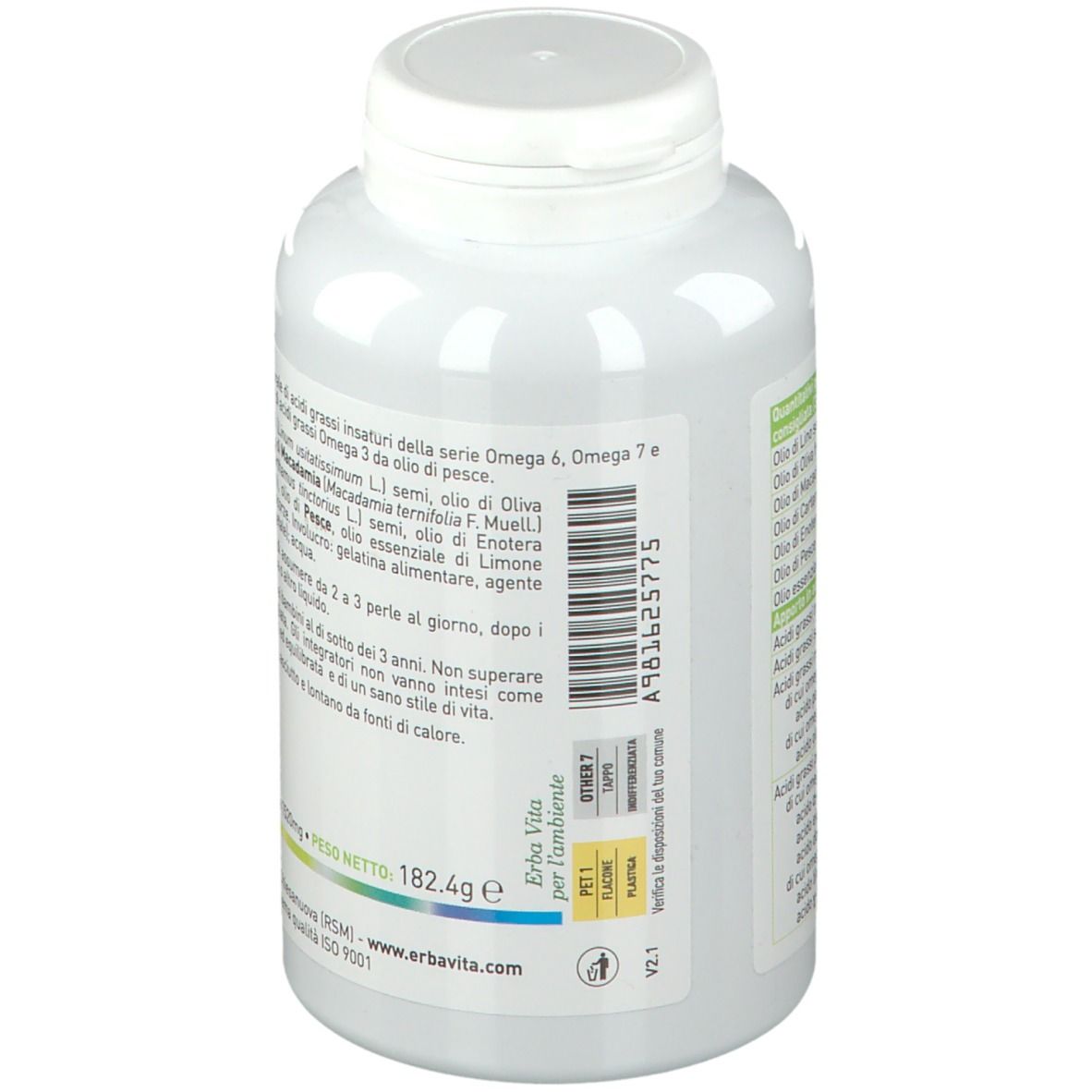 Retro di un flacone bianco con capsule. Testo con ingredienti e informazioni nutrizionali.