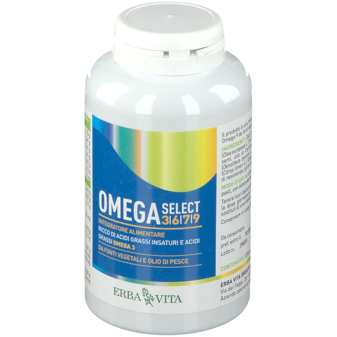 Flacone bianco con capsule. Etichetta "OMEGA SELECT 3|6|7|9" e "ERBA VITA".