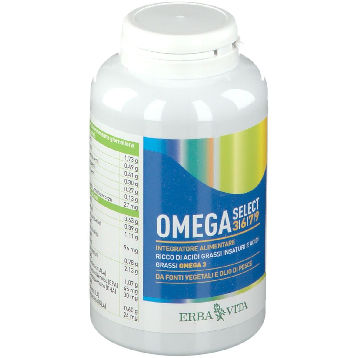 Flacone bianco con capsule. Etichetta "OMEGA SELECT 3|6|7|9" e "ERBA VITA".