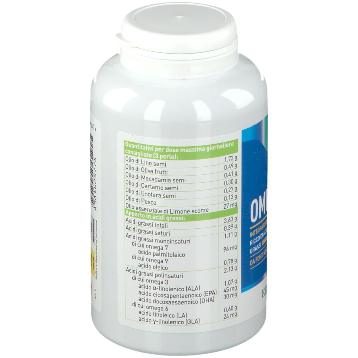 Retro di un flacone bianco con capsule. Testo con informazioni nutrizionali e ingredienti.