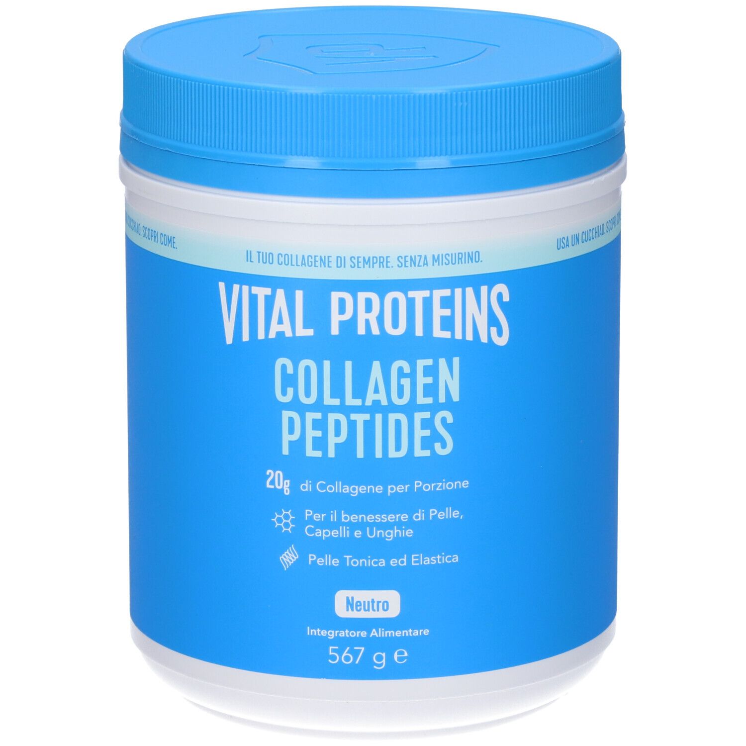 Barattolo blu e bianco "Vital Proteins Collagen Peptides". Contiene 567 g. Scritta: 20g di collagene per porzione.