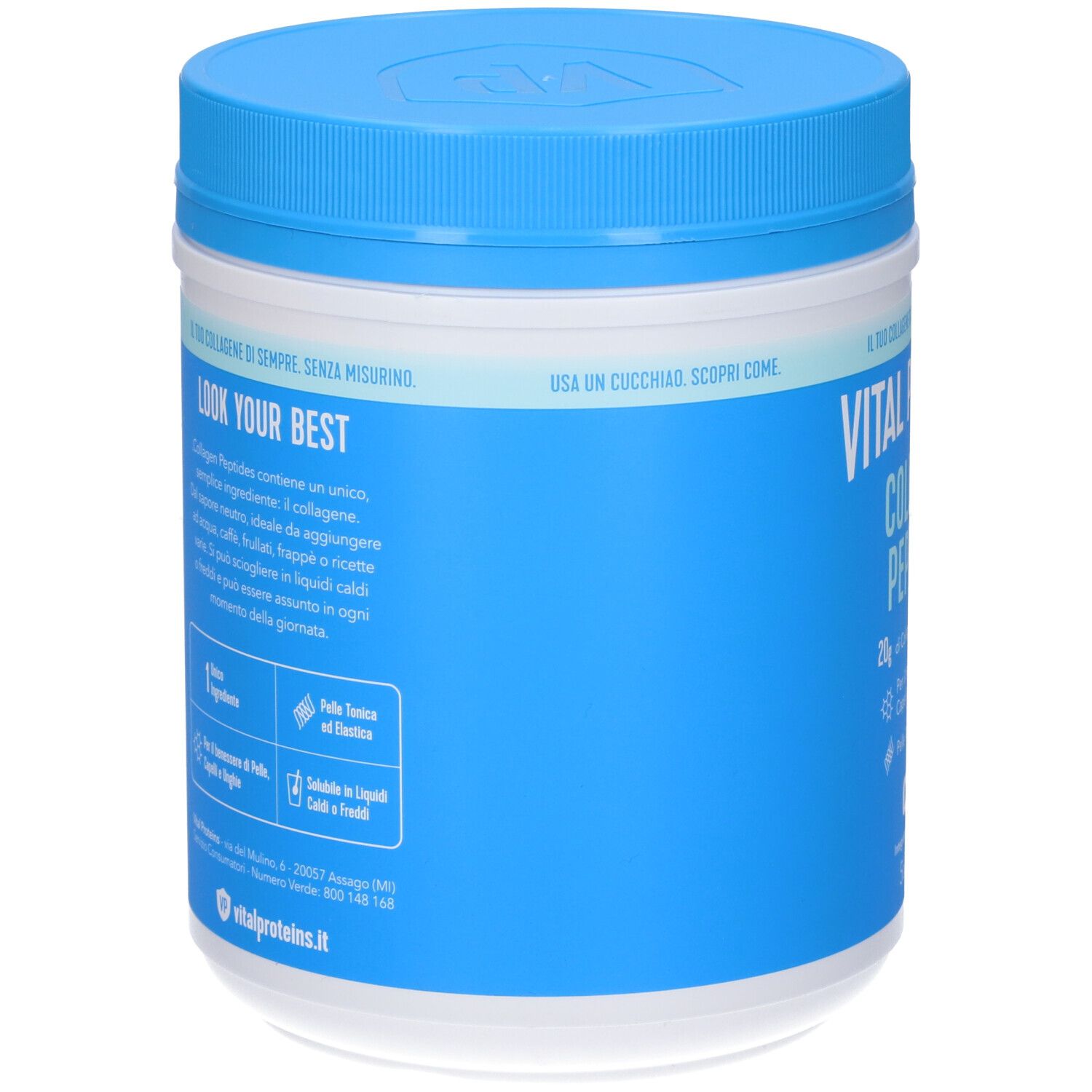 Retro del barattolo "Vital Proteins Collagen Peptides". Colori blu e bianco. Testo: "LOOK YOUR BEST".