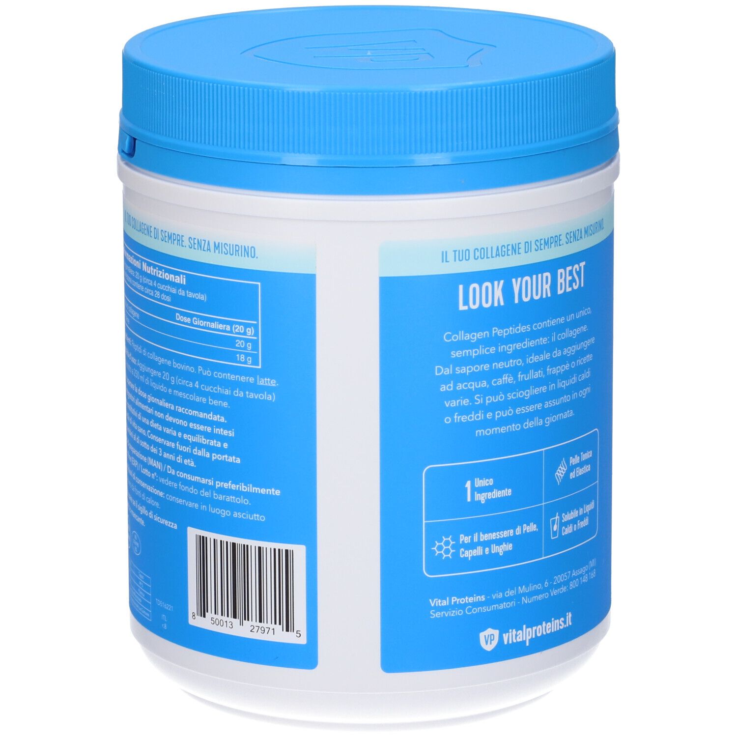 Retro del barattolo "Vital Proteins Collagen Peptides". Contiene informazioni nutrizionali e codice a barre. Blu e bianco.