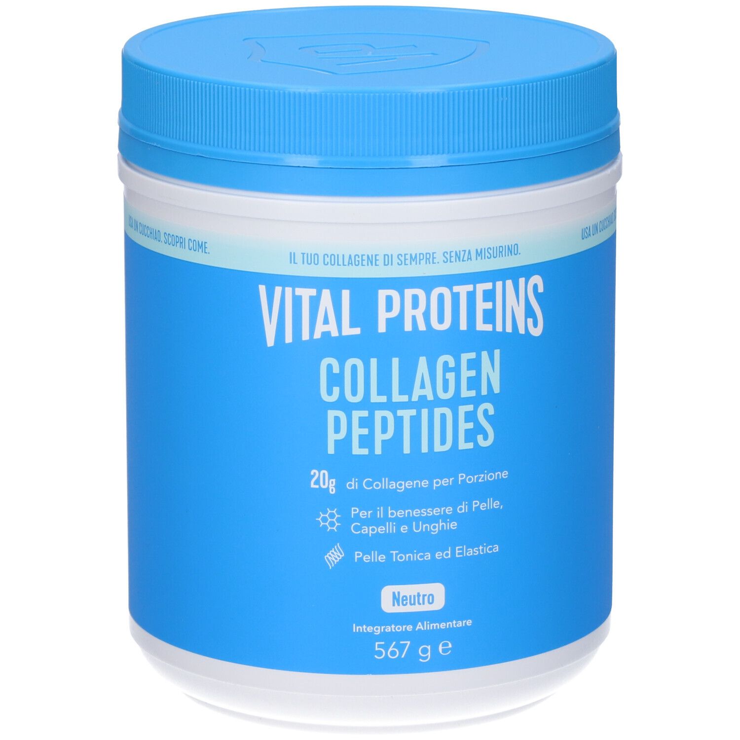 Barattolo blu e bianco "Vital Proteins Collagen Peptides". Scritta: 20g collagene per porzione. Neutro. 567 g.