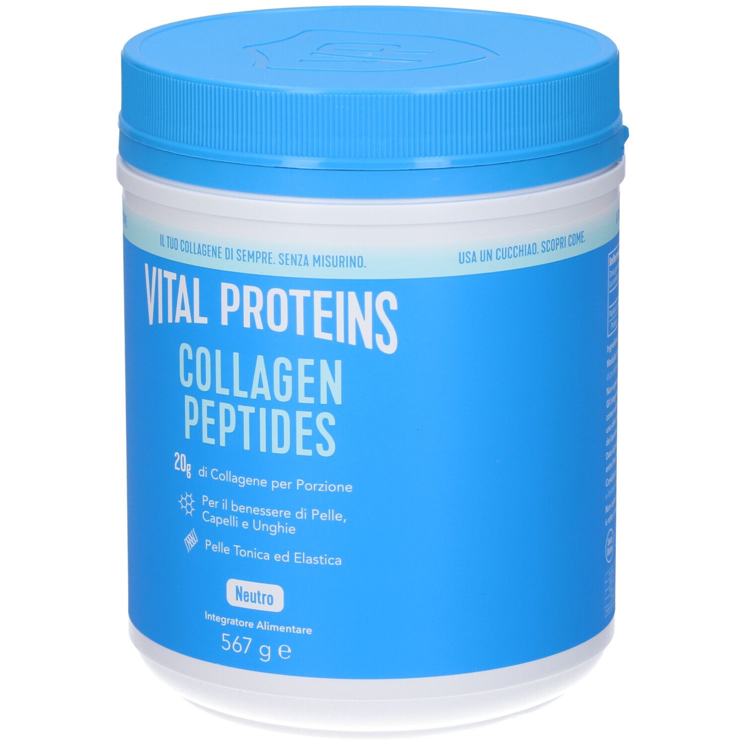 Barattolo blu e bianco "Vital Proteins Collagen Peptides". Scritta: 20g collagene per porzione. Neutro. 567 g.